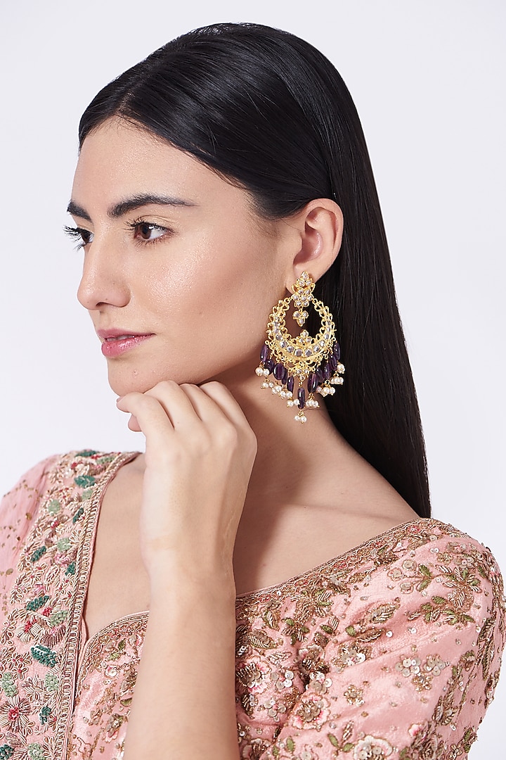 Gold Finish Kundan Polki & Pearl Drop Chandbaali Earrings by VASTRAA Jewellery