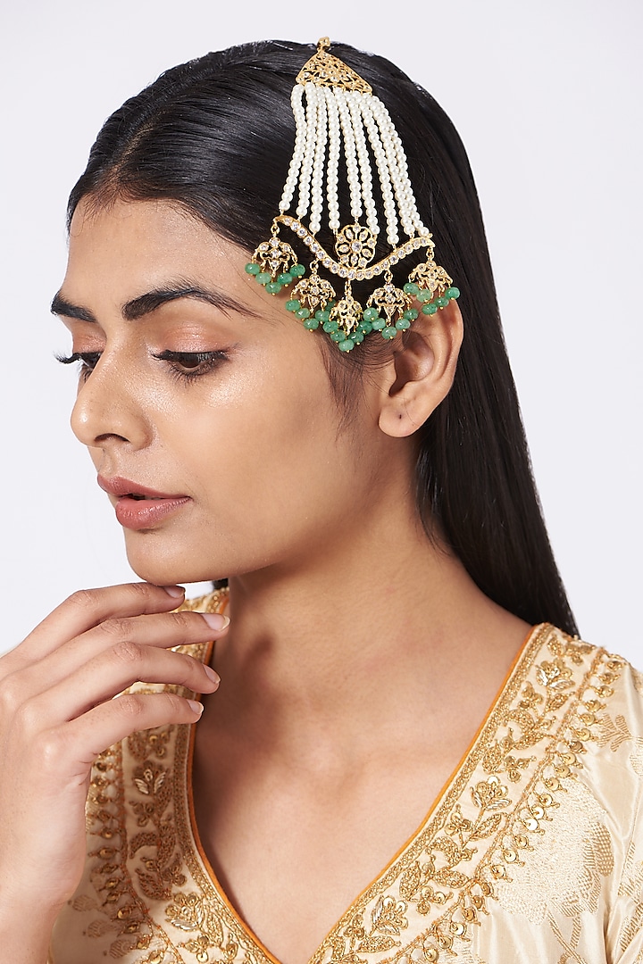 Gold Finish Pearl & Green Drops Pasa  by VASTRAA Jewellery at Pernia's Pop Up Shop