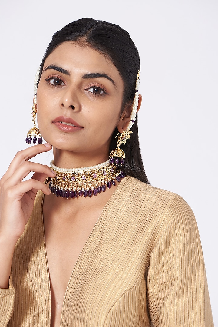 Gold Finish Pearl & Purple Stone Necklace Set by VASTRAA Jewellery