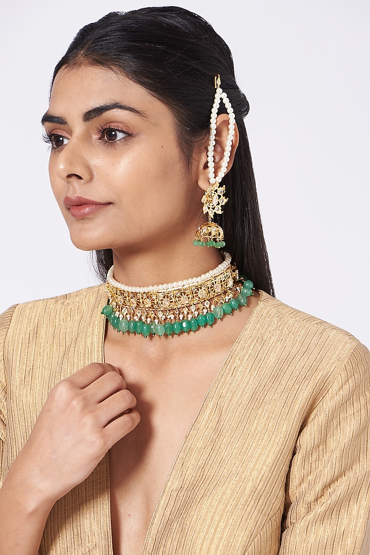 Gold Finish Kundan Polki & Green Drop Necklace Set by VASTRAA Jewellery