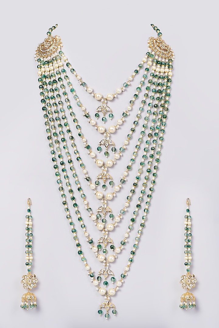 Gold Finish Kundan Polki & Green Drop Layered Necklace Set by VASTRAA Jewellery at Pernia's Pop Up Shop