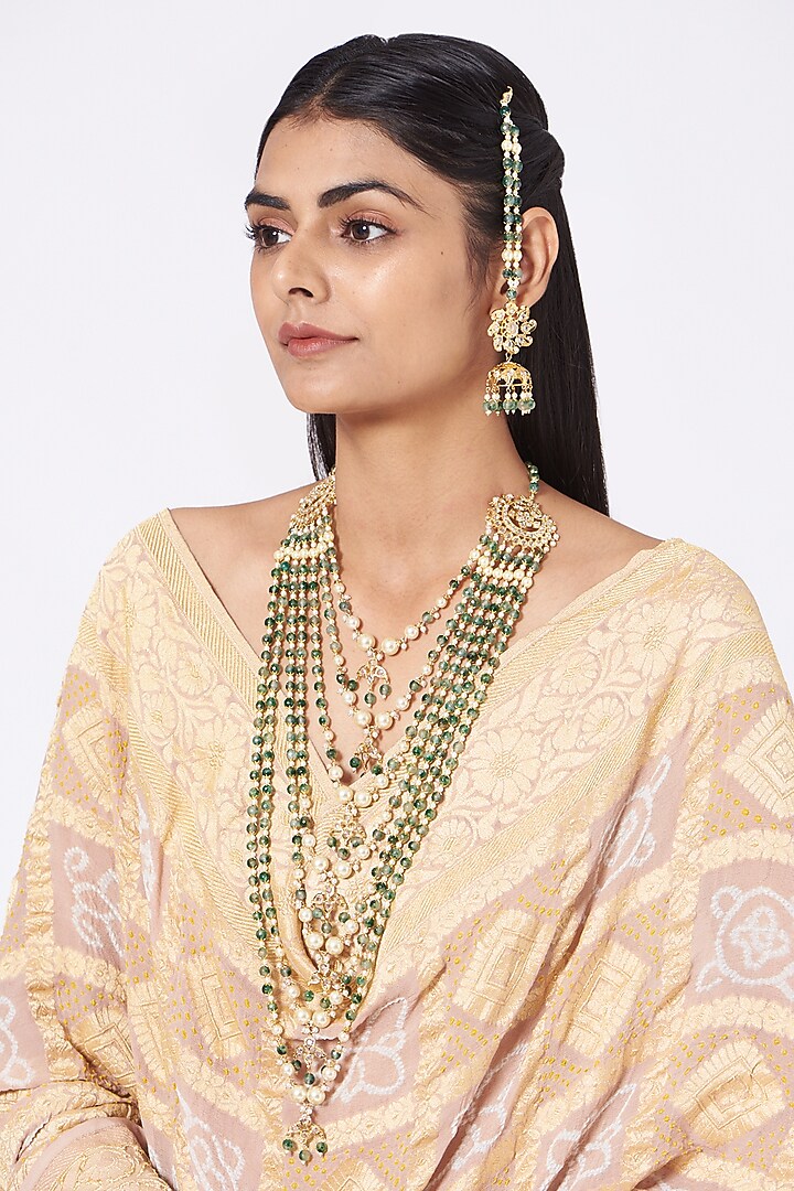Gold Finish Kundan Polki & Green Drop Layered Necklace Set by VASTRAA Jewellery at Pernia's Pop Up Shop