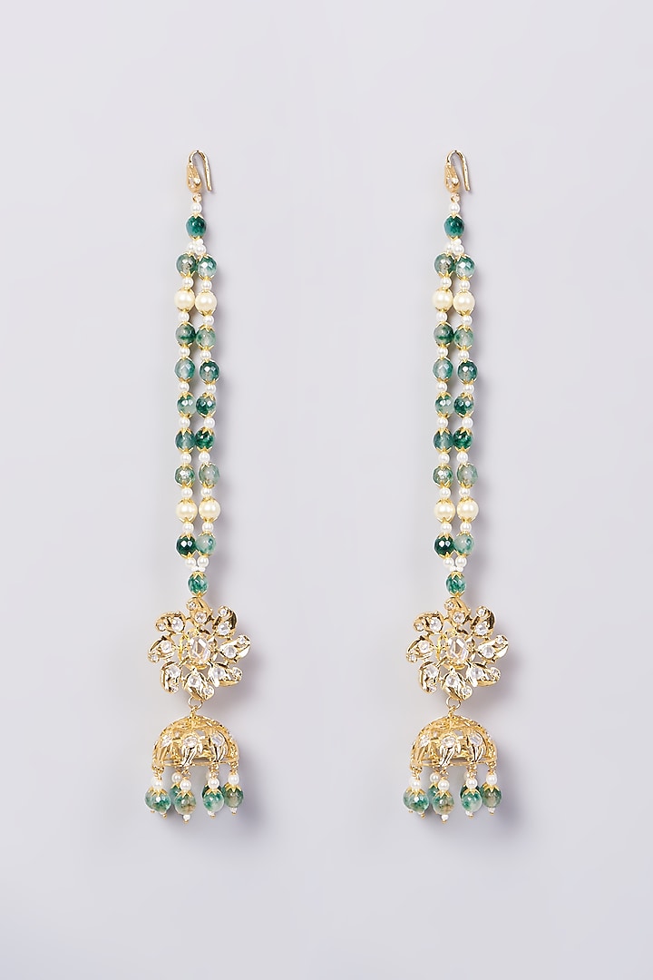 Gold Finish Kundan Polki & Green Drop Layered Necklace Set by VASTRAA Jewellery at Pernia's Pop Up Shop