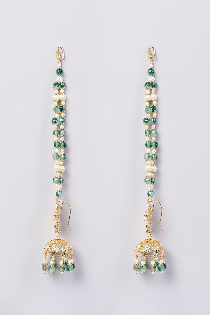 Gold Finish Kundan Polki & Green Drop Layered Necklace Set by VASTRAA Jewellery at Pernia's Pop Up Shop