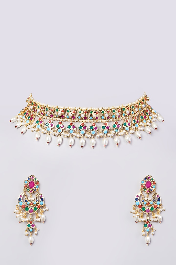 Gold Finish Pearl & Green Drop Necklace Set by VASTRAA Jewellery at Pernia's Pop Up Shop