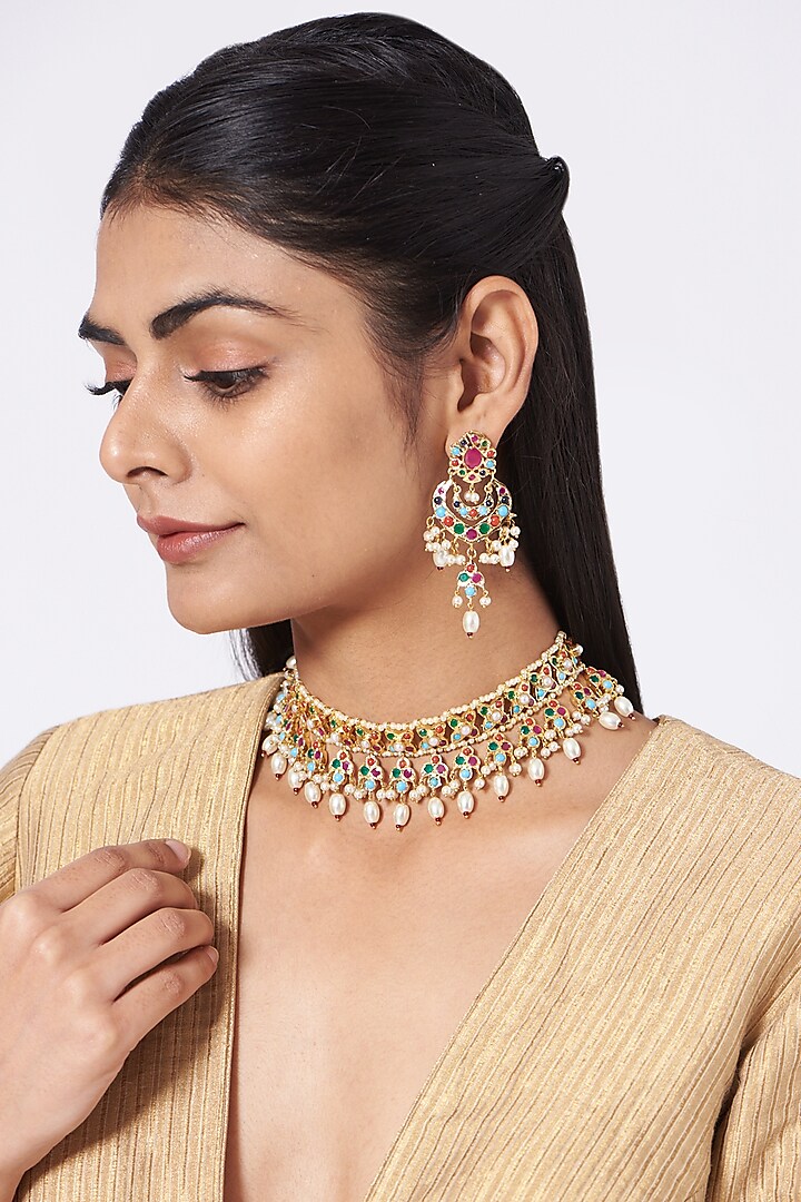 Gold Finish Pearl & Green Drop Necklace Set by VASTRAA Jewellery