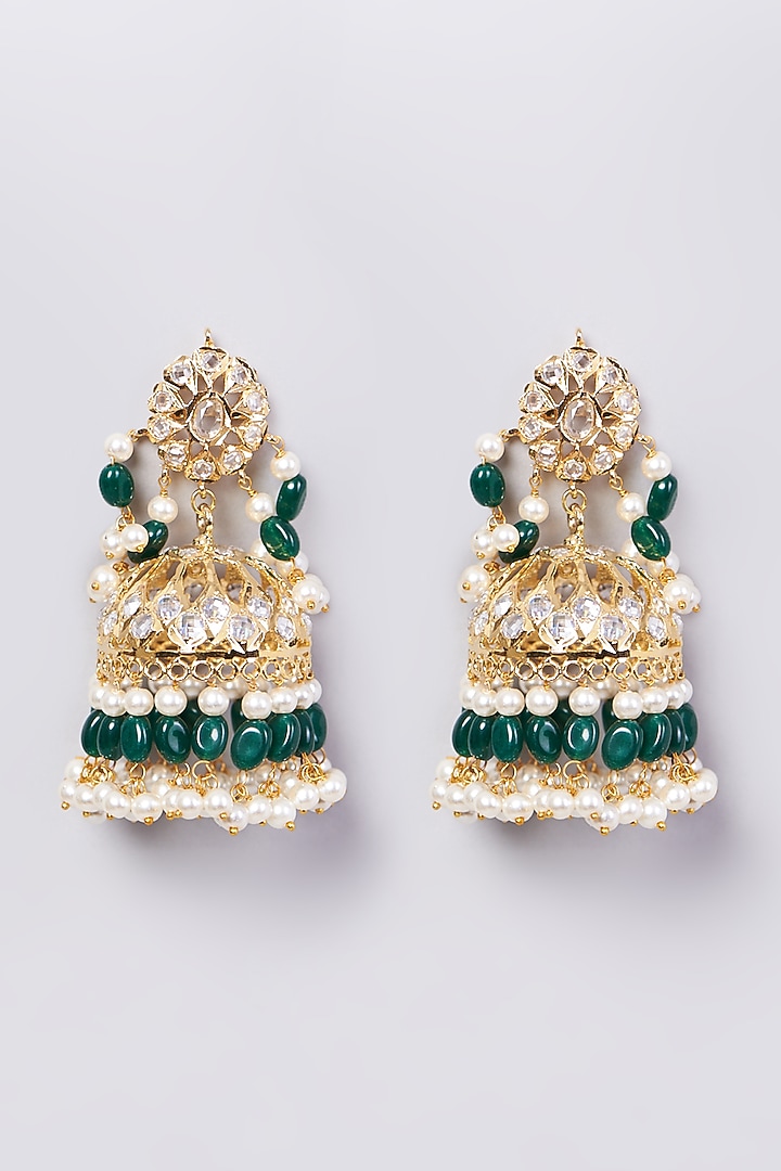 Gold Finish Kundan Polki & White Drop Jhumka Earrings by VASTRAA Jewellery at Pernia's Pop Up Shop