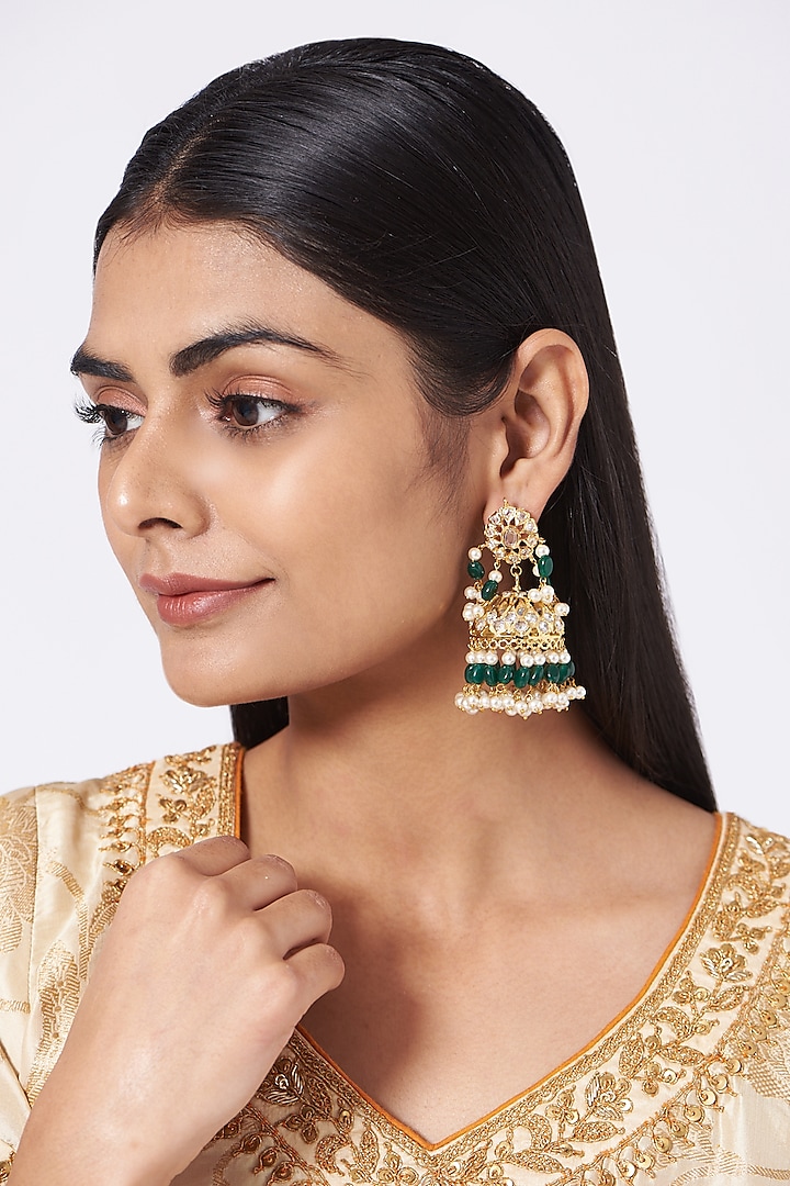 Gold Finish Kundan Polki & White Drop Jhumka Earrings by VASTRAA Jewellery