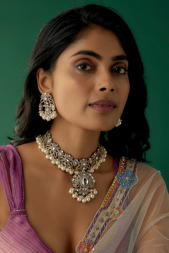 Two Tone Finish Kundan Polki & Pearl Necklace Set by VASTRAA Jewellery at Pernia's Pop Up Shop