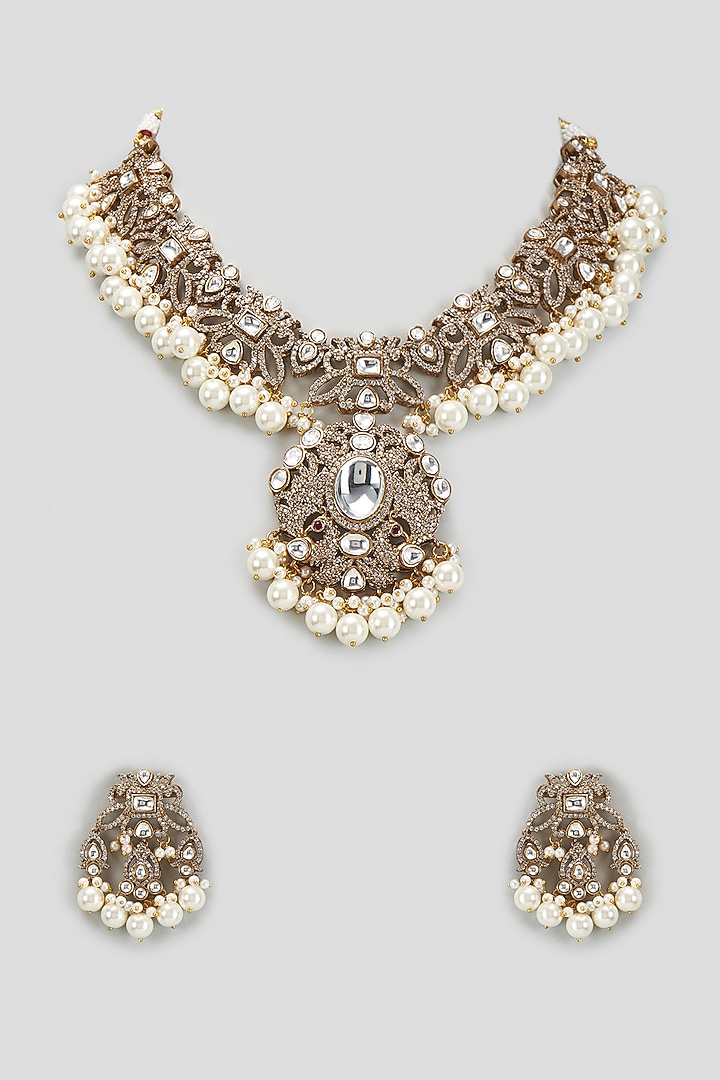 Two Tone Finish Kundan Polki & Pearl Necklace Set by VASTRAA Jewellery at Pernia's Pop Up Shop