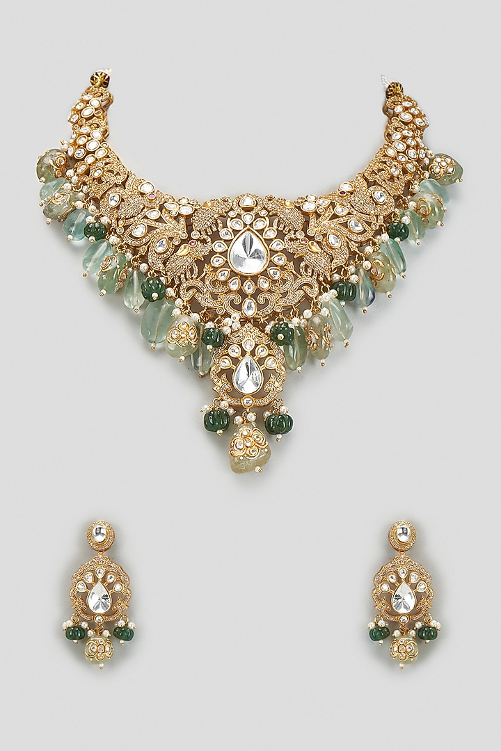 Gold Finish Kundan Polki & Green Beaded Necklace Set by VASTRAA Jewellery at Pernia's Pop Up Shop