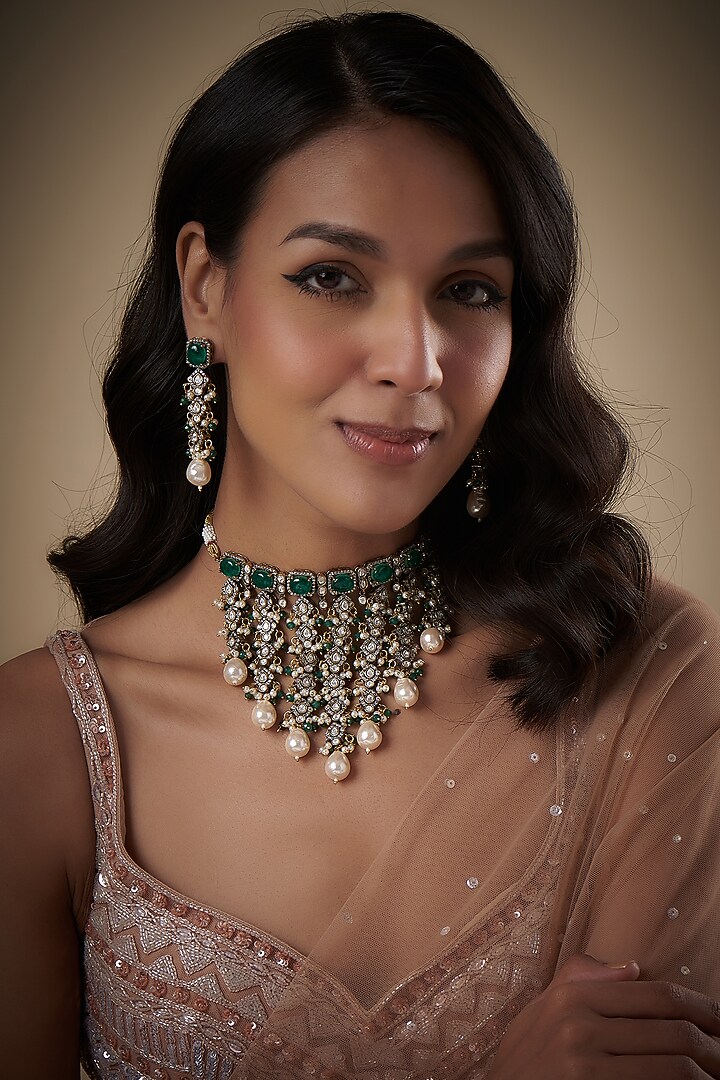 Two Tone Finish Kundan Polki & Green Stone Choker Necklace Set by VASTRAA Jewellery at Pernia's Pop Up Shop