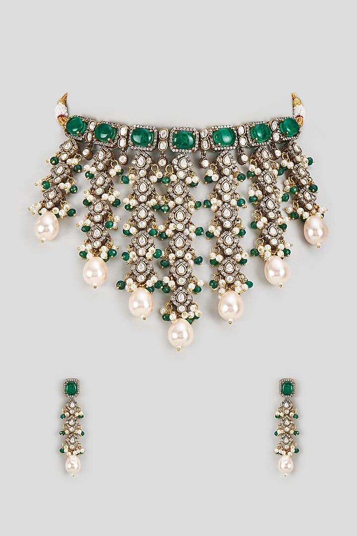 Two Tone Finish Kundan Polki & Green Stone Choker Necklace Set by VASTRAA Jewellery at Pernia's Pop Up Shop