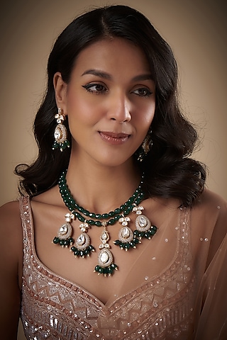 Gold Finish Kundan Polki & Green Stone Necklace Set by VASTRAA Jewellery