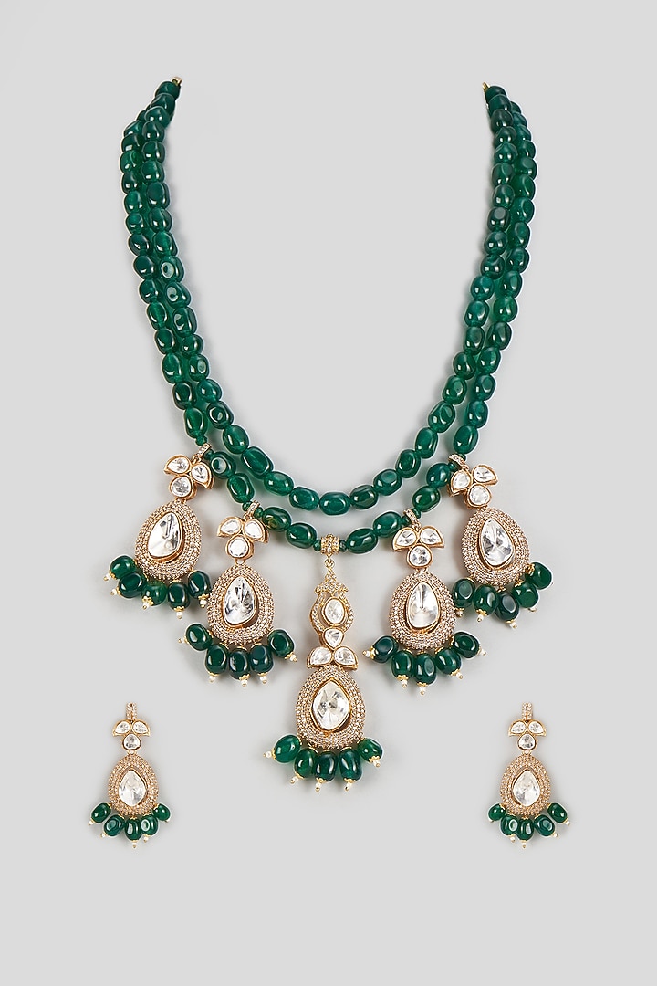 Gold Finish Kundan Polki & Green Stone Necklace Set by VASTRAA Jewellery at Pernia's Pop Up Shop