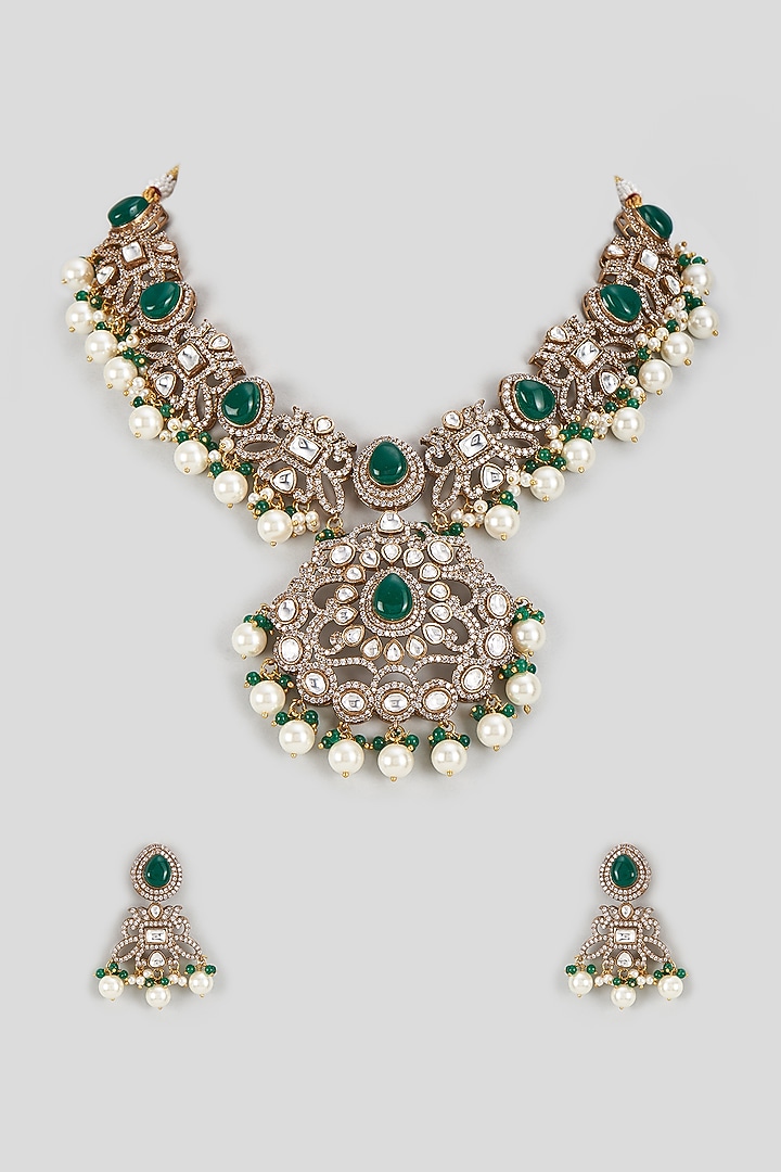 Two Tone Finish Kundan Polki & Green Stone Choker Necklace Set by VASTRAA Jewellery at Pernia's Pop Up Shop