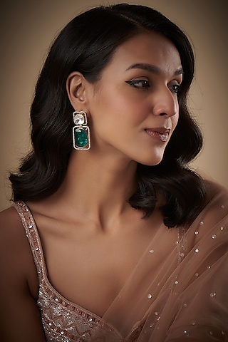 Gold Finish Kundan Polki & Green Stone Danglers Earrings by VASTRAA Jewellery
