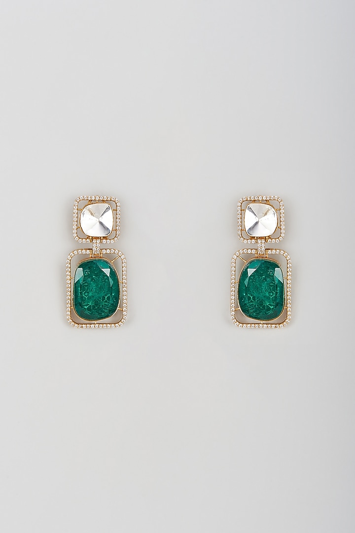 Gold Finish Kundan Polki & Green Stone Danglers Earrings by VASTRAA Jewellery at Pernia's Pop Up Shop