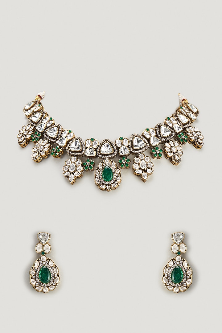 Two Tone Finish Kundan Polki & Emerald Choker Necklace Set by VASTRAA Jewellery at Pernia's Pop Up Shop