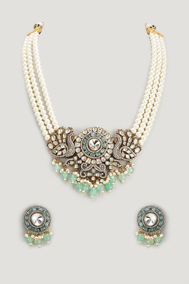 Two Tone Finish Kundan Polki & Emerald Long Necklace Set by VASTRAA Jewellery at Pernia's Pop Up Shop
