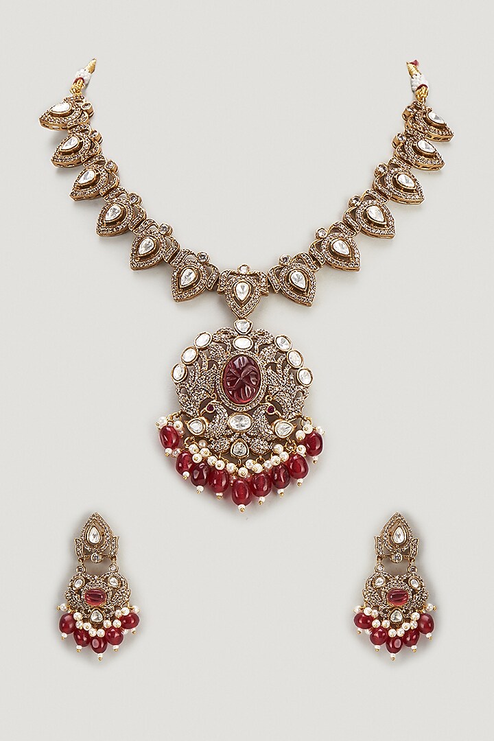 Gold Finish Kundan Polki & Ruby Long Necklace Set by VASTRAA Jewellery at Pernia's Pop Up Shop