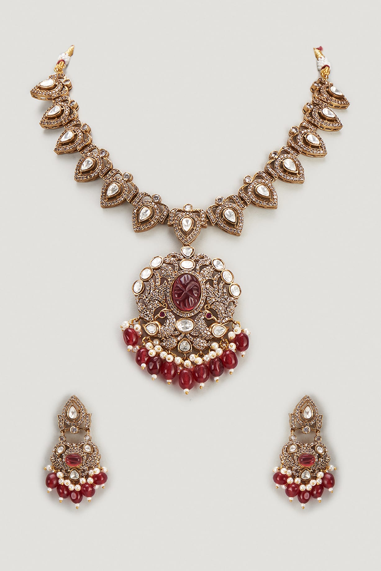 Gold Finish Kundan Polki & Ruby Long Necklace Set Design by