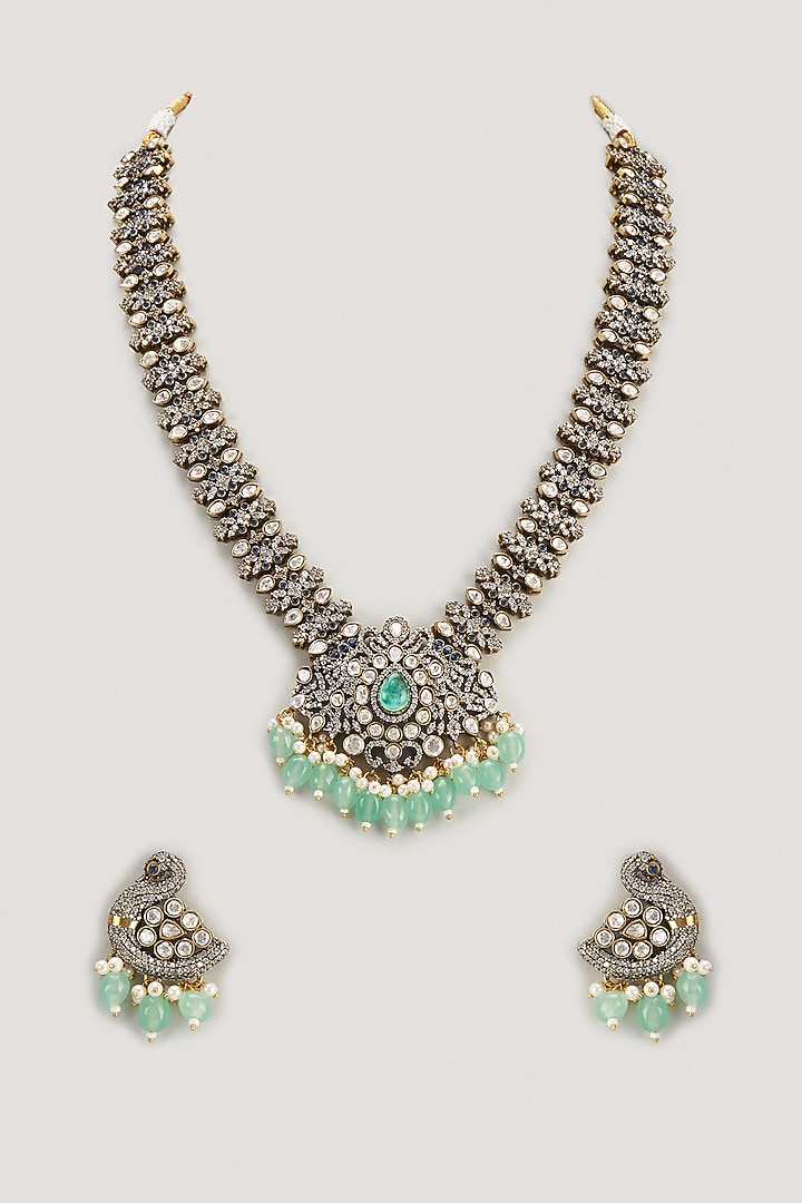 Two Tone Finish Kundan Polki & Green Stone Long Necklace Set by VASTRAA Jewellery at Pernia's Pop Up Shop