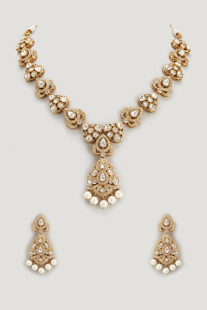 Gold Finish Kundan Polki & Pearl Long Necklace Set by VASTRAA Jewellery at Pernia's Pop Up Shop
