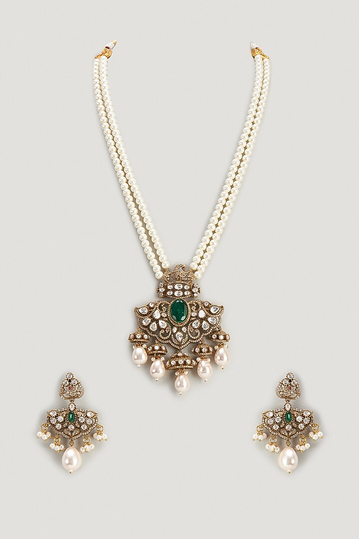 Two Tone Finish Kundan Polki & Green Stone Long Necklace Set by VASTRAA Jewellery at Pernia's Pop Up Shop