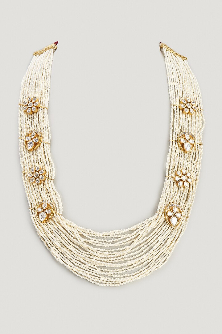 Gold Finish Kundan Polki & Pearl Mala by VASTRAA Jewellery at Pernia's Pop Up Shop