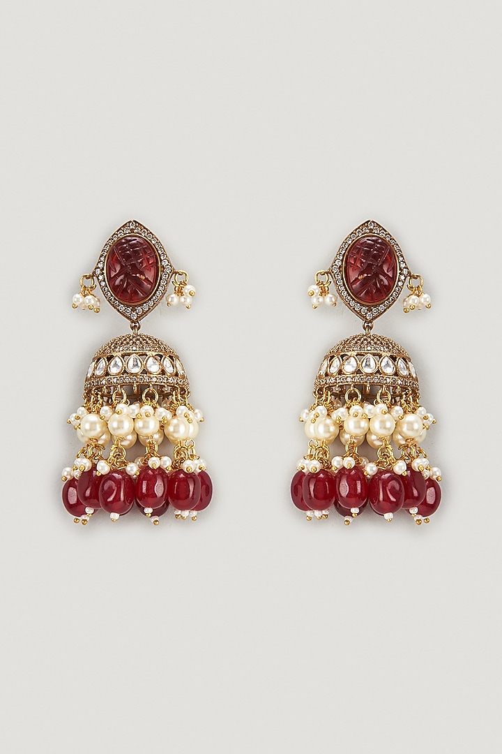 Two Tone Finish Kundan Polki & Red Stone Jhumka Earrings by VASTRAA Jewellery at Pernia's Pop Up Shop
