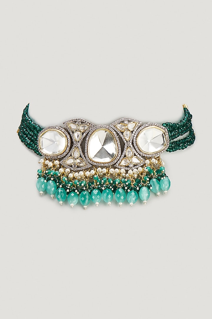 Two Tone Finish Kundan Polki & Green Stone Choker Necklace Set by VASTRAA Jewellery at Pernia's Pop Up Shop