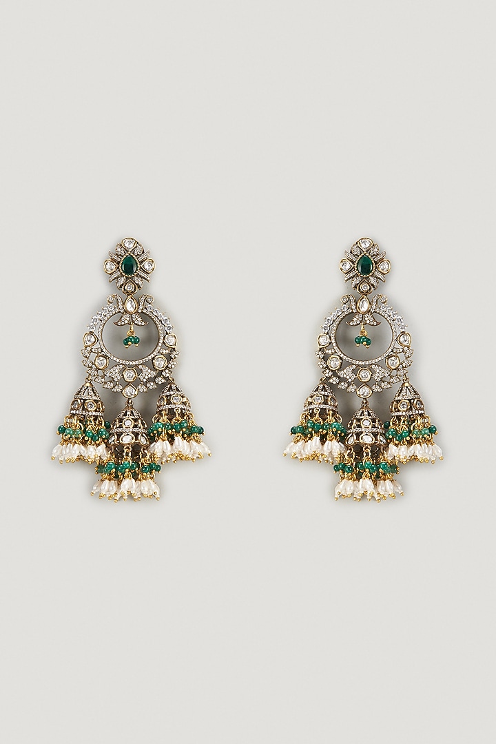 Two Tone Finish Kundan Polki & Green Stone Jhumka Earrings by VASTRAA Jewellery at Pernia's Pop Up Shop