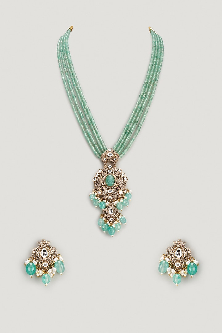 Two Tone Finish Kundan Polki & Green Stone Long Necklace Set by VASTRAA Jewellery at Pernia's Pop Up Shop