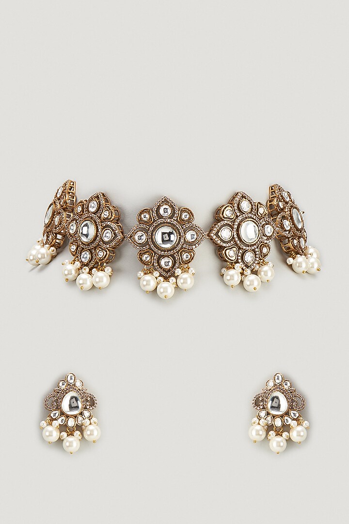 Two Tone Finish Kundan Polki & Pearl Choker Necklace Set by VASTRAA Jewellery at Pernia's Pop Up Shop