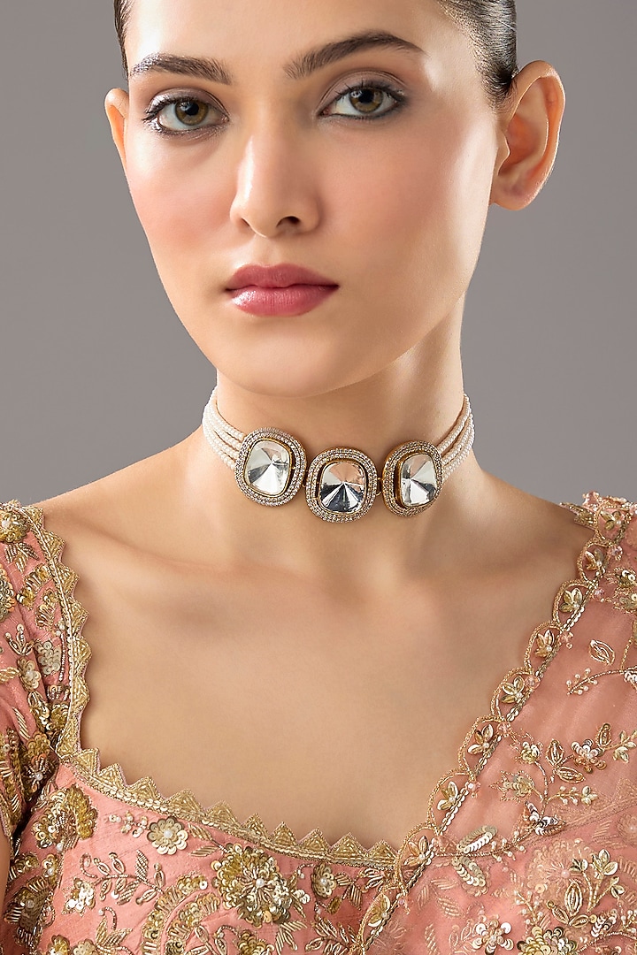 Gold Finish Kundan Polki Choker Necklace by VASTRAA Jewellery at Pernia's Pop Up Shop