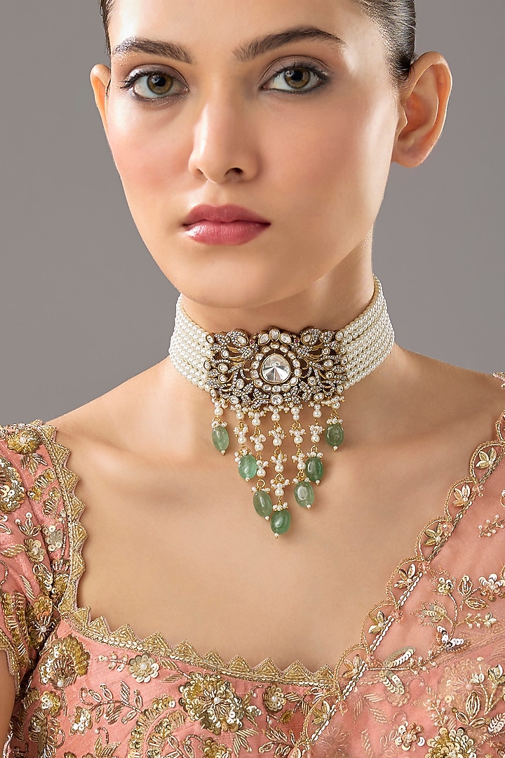Gold Finish Kundan Polki Choker Necklace by VASTRAA Jewellery at Pernia's Pop Up Shop