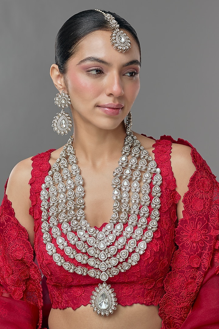 Silver Finish Kundan Polki Necklace Set by VASTRAA Jewellery at Pernia's Pop Up Shop