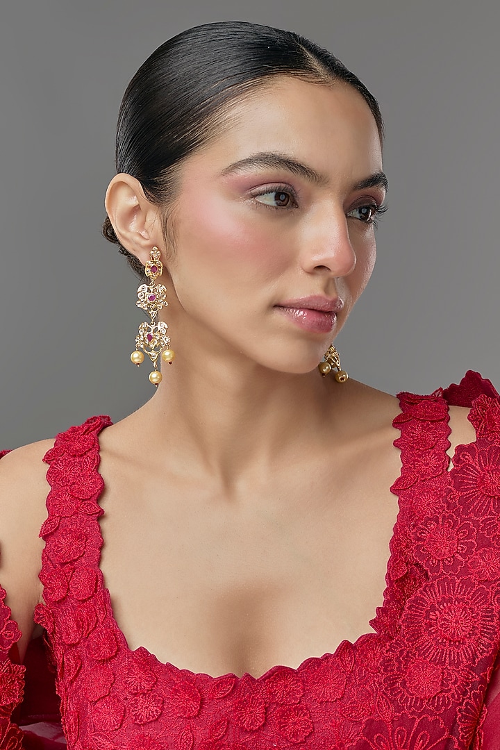 Gold Finish Kundan Polki Dangler Earrings by VASTRAA Jewellery at Pernia's Pop Up Shop