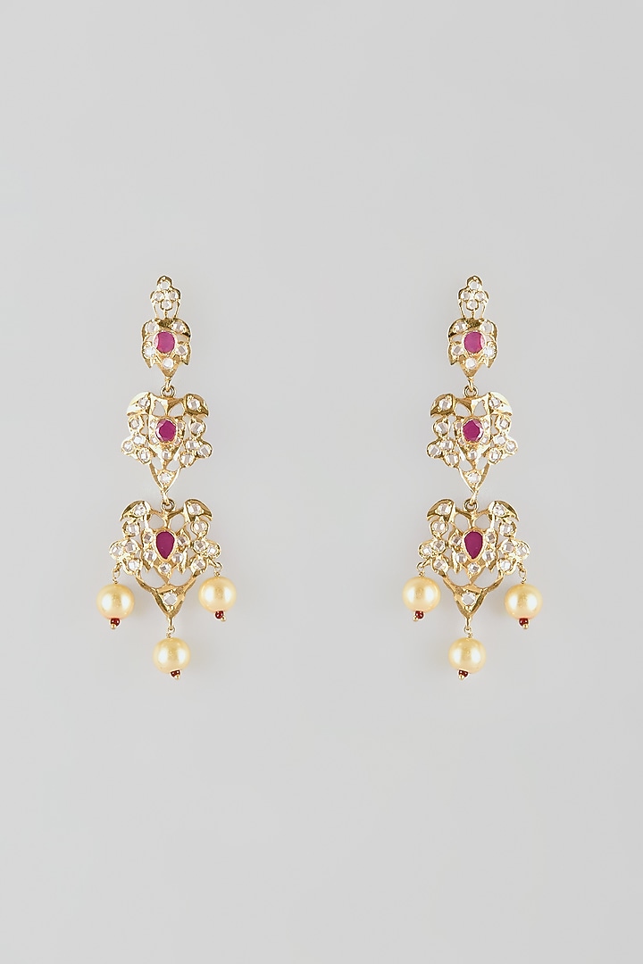 Gold Finish Kundan Polki Dangler Earrings by VASTRAA Jewellery at Pernia's Pop Up Shop