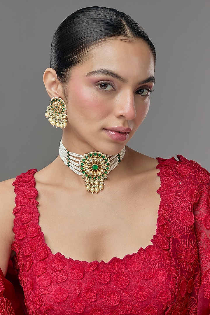 Gold Finish Kundan Polki Choker Necklace by VASTRAA Jewellery at Pernia's Pop Up Shop