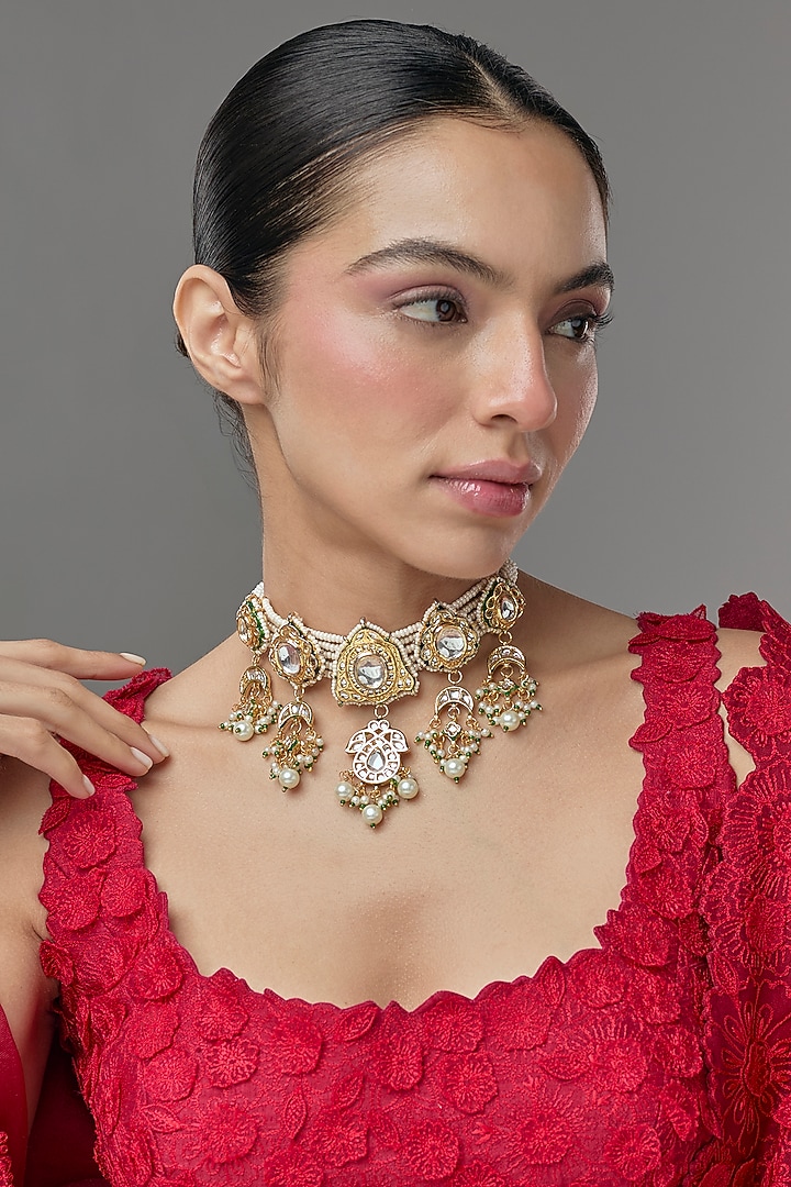 Gold Finish Kundan Polki Choker Necklace by VASTRAA Jewellery at Pernia's Pop Up Shop