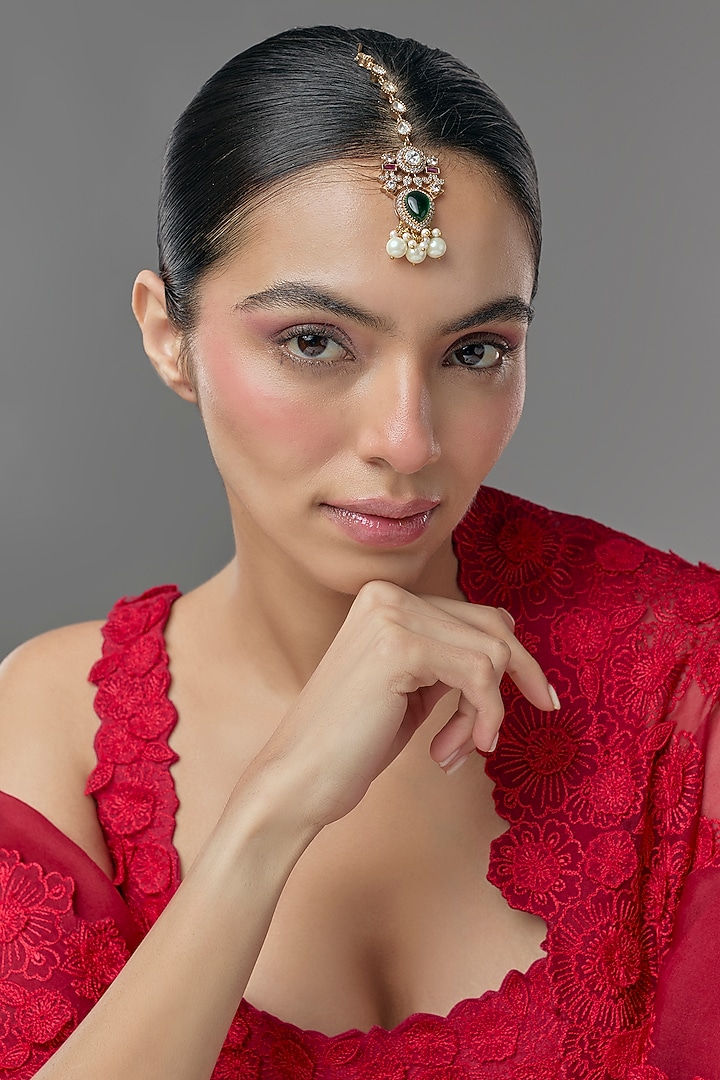 Gold Finish Kundan Polki Maangtikka by VASTRAA Jewellery at Pernia's Pop Up Shop