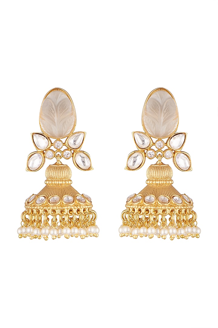 Gold Finish Faux Kundan Jhumka Earrings by VASTRAA Jewellery at Pernia's Pop Up Shop