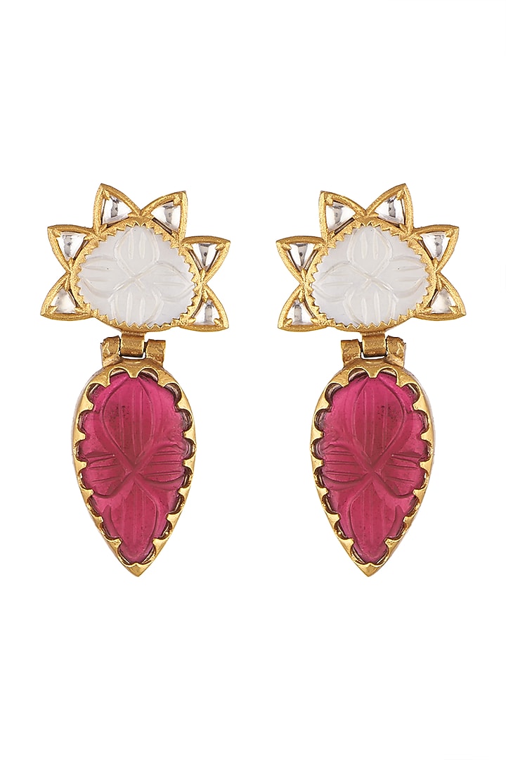 Gold Finish Kundan Polki & Carved Red Stone Earrings by VASTRAA Jewellery at Pernia's Pop Up Shop