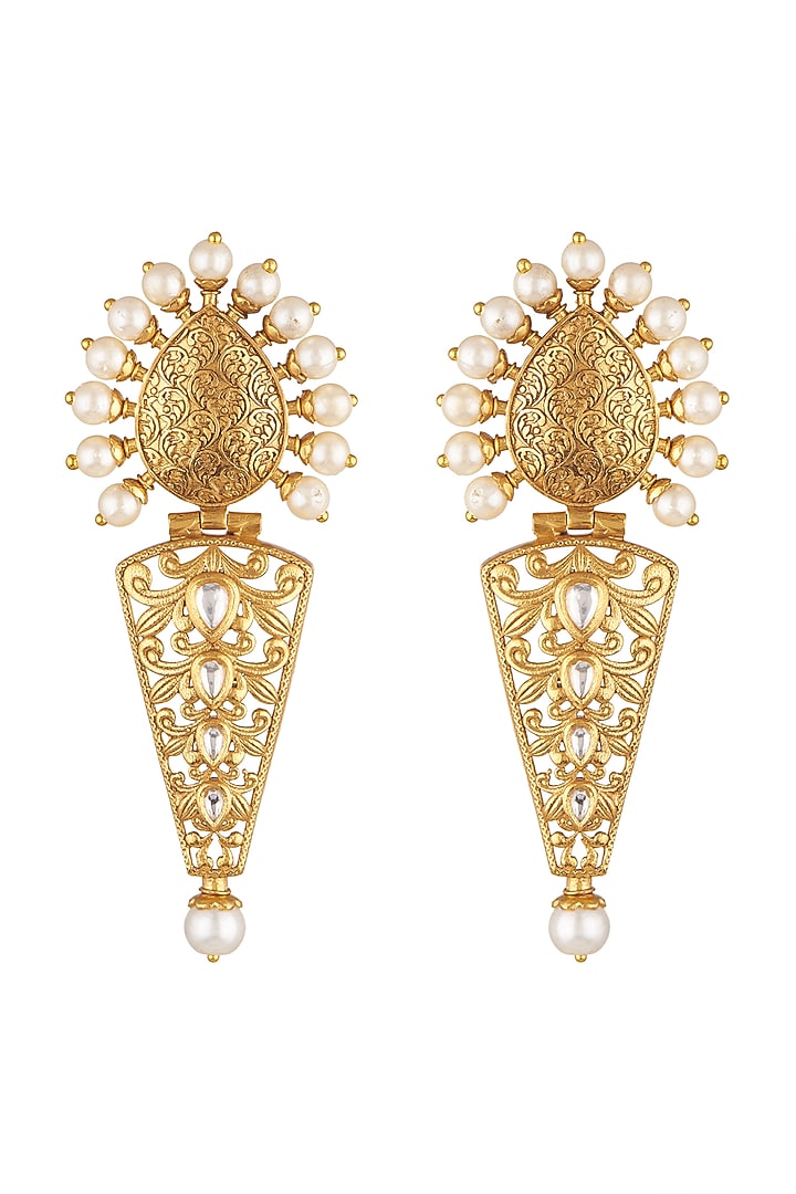 Gold Finish Kundan Polki & Pearl Earrings by VASTRAA Jewellery at Pernia's Pop Up Shop