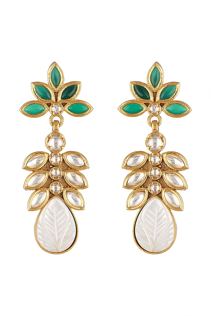 Gold Finish Kundan Polki & Green Stone Earrings by VASTRAA Jewellery at Pernia's Pop Up Shop