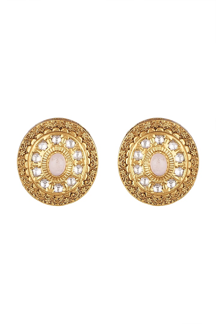 Gold Finish Kundan Polki Stud Earrings by VASTRAA Jewellery at Pernia's Pop Up Shop