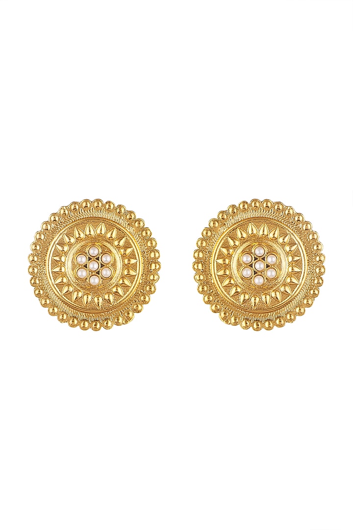 Gold Finish Kundan Polki Stud Earrings by VASTRAA Jewellery at Pernia's Pop Up Shop