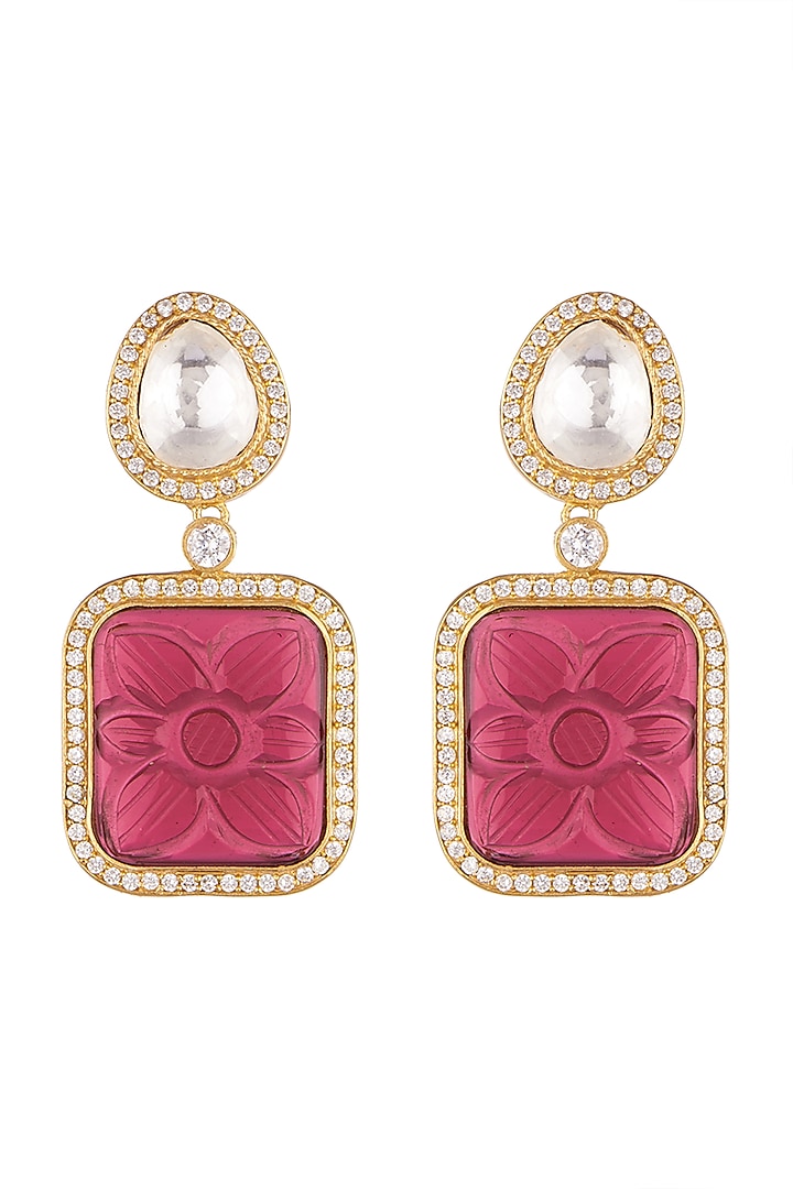 Gold Finish Kundan Polki & Carved Red Stone Earrings by VASTRAA Jewellery at Pernia's Pop Up Shop